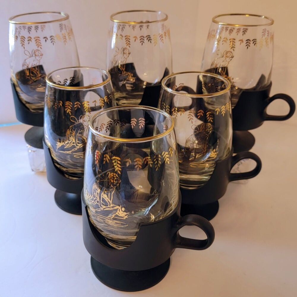 1950s Libbey Gold Fairy Nymph Stemless Wine Glasses Gold Trim w/Glas-Snap Cornin